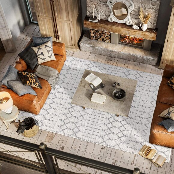 5x8 Moroccan Boho Area Rug, Vintage Diamond Cream/Gray Stain-Resistant Carpet - Picture 5 of 11